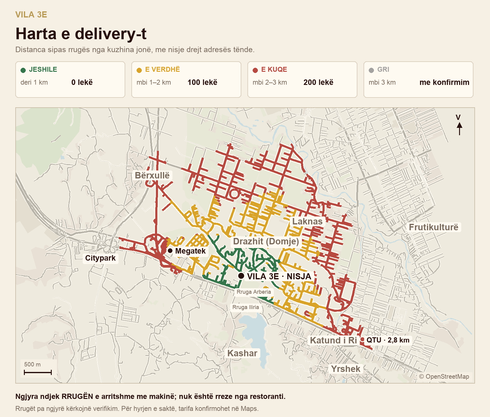Rrugët e delivery-t nga Vila 3E, të ngjyrosura sipas distancës me makinë